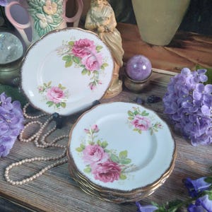 May include: A stack of white porcelain plates with a gold rim and a floral rose design. The plates are decorated with pink roses and green leaves. The plates are stacked on a wooden surface.