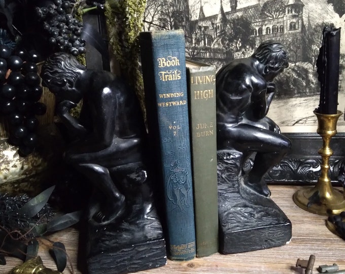 Vintage Pair The Thinker Bookends / Art Nouveau Victorian Library / Black Statue Book End  / Esco Bookend / Witchy Decor