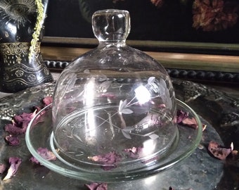 Vintage Glass Cloche and Tray / Etched Glass Dome Butter Dish / Apothecary Oddities Display / Witchy Decor