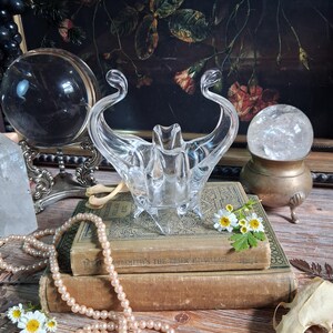 May include: A clear glass bowl featuring a distinct sculptural design with two upward-curving handles and a multi-pointed base. The bowl has a transparent, smooth finish and a complex, molded shape that creates a series of vertical ridges.