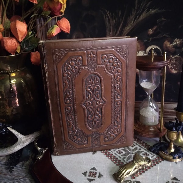 Vintage Book Box / Funeral Home Sacred Memories Faux Hallow Book Box /  Rare Memento Mori  / Brown Tooled Leather Book / Death Oddity