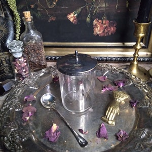 Vintage Glass Apothecary Jar with Spoon  / Etched Glass Silver Top Jam Jar / Honey Pot / Sugar Dish /  Herb Storage / Witchy Decor