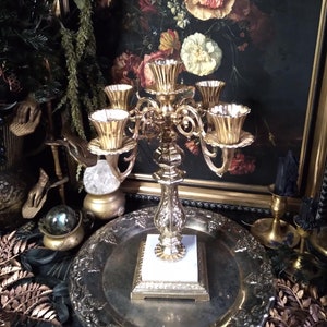 Vintage Baroque Gold 5 Arm Candelabra  / Golden Marble Base Art Nouveau Candle Holder / Taper Candle Holder / Gothic Witchy Decor