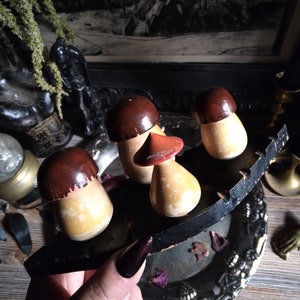 Vintage Wooden Mushroom Figurine Display / Vintage Wood Mushroom / Green Witch Woodland Decor / Oddities & Curiosities / Whimsy Witchy Decor