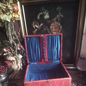 Rustic 19th Century Antique French Medallion Red Velvet Blue Silk Lined Altar Box / Velvet Jewelry Case / Victorian Vanity Boudoir Box