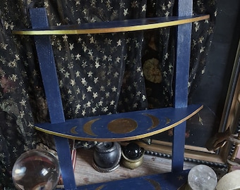 Vintage Painted Cobalt Blue Moon & Stars Wooden Wall Shelf / Apothecary Rack / Celestial 90s Whimsigoth / Dark Gothic Cottage Witchy Decor
