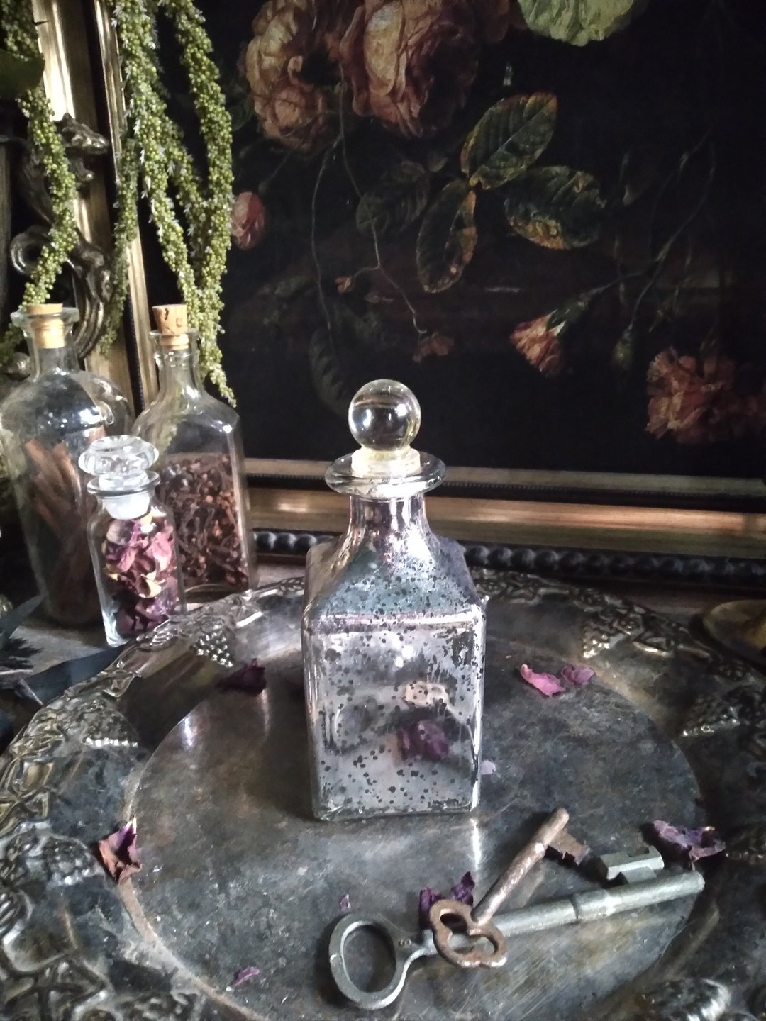 Vintage Potion Jar / Spell Bottle / Mercury Glass Apothecary Cruet