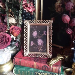 Vintage Ornate Gold Filigree Frame Dark Floral Print / Hollywood Regency Decor / Gold Baroque Picture Frame / Gothic Cottage Witchy Decor