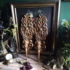 Large Pair 2 Vintage Baroque Gold Candelabra Wall Sconce / Hollywood Regency Candle Sconce Scroll Taper Candle Holder / Gothic Witchy Decor