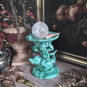 Vintage Cherub Dolphin Shell Offering Dish / Blue Green Turquoise Pedestal Dish / Crystal Stand  / Altar Tray Candle Holder / Trinket Dish