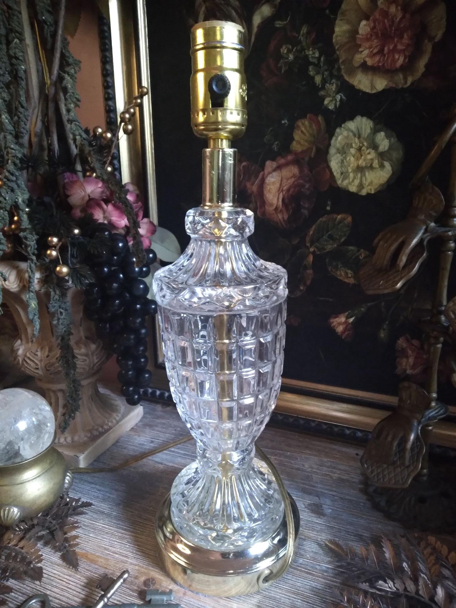 Vintage Leviton Cut Glass Crystal Gold Table Lamp / Brass & Clear