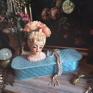 Vintage Tufted Blue French Jewelry Box / Light Baby Blue Quilted Satin Keepsake Box / Trinket Box Storage Box / Gothic Cottage Witchy Decor