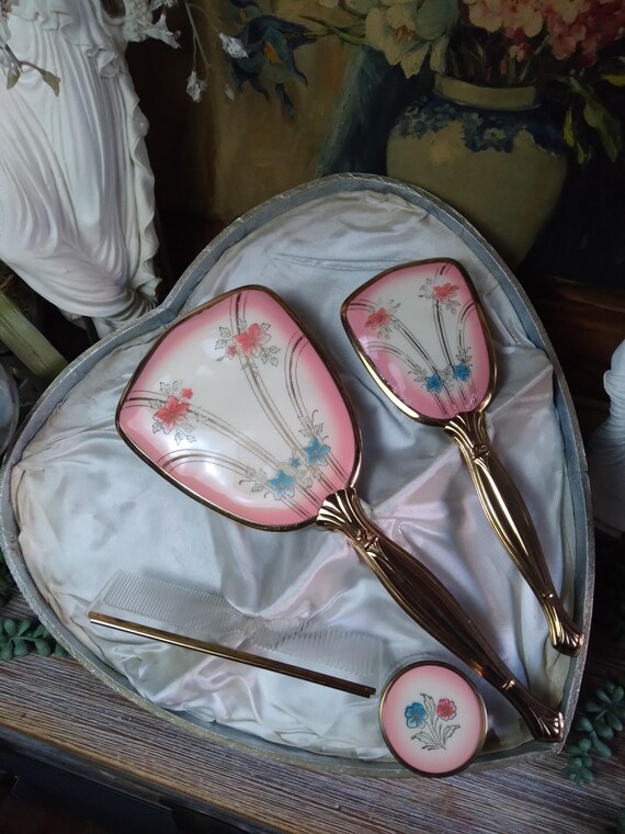 Vintage Heart Shaped Box Pink Baroque Hand Mirror Vanity Set Brush