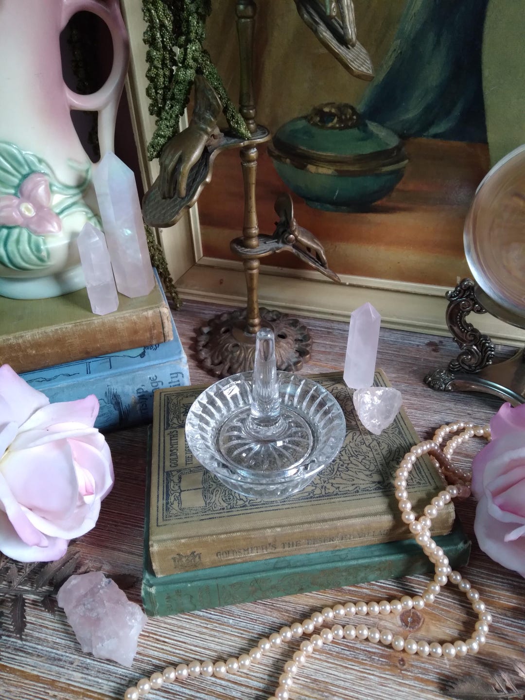 Vintage Cut Crystal Glass Ring Tree / Ring Dish Holder Vanity Jewelry ...