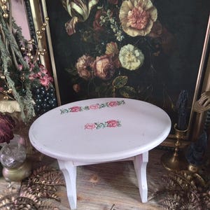 Vintage Pink Wooden Foot Stool / Baby Pink Wood Step Stool / Light Pink Ottoman / Small Floral Shabby Chic Stool / Cottage Witchy Decor