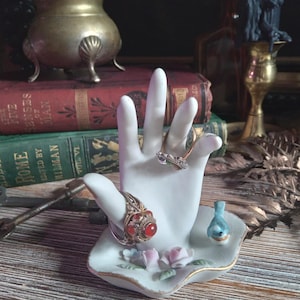 Vintage Hand Ring Dish / Victorian Hand Ring Tree / Hand with Pink Roses & Bird / Palmistry Hand / Mudra Hand Oddity / Gothic Witchy Decor