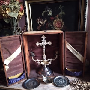 Epic VERY OLD Antique 19th Century Catholic Last Rites Communion Funeral Box / Catholic Altar Box Sick Call / Religious Oddity Gothic Decor