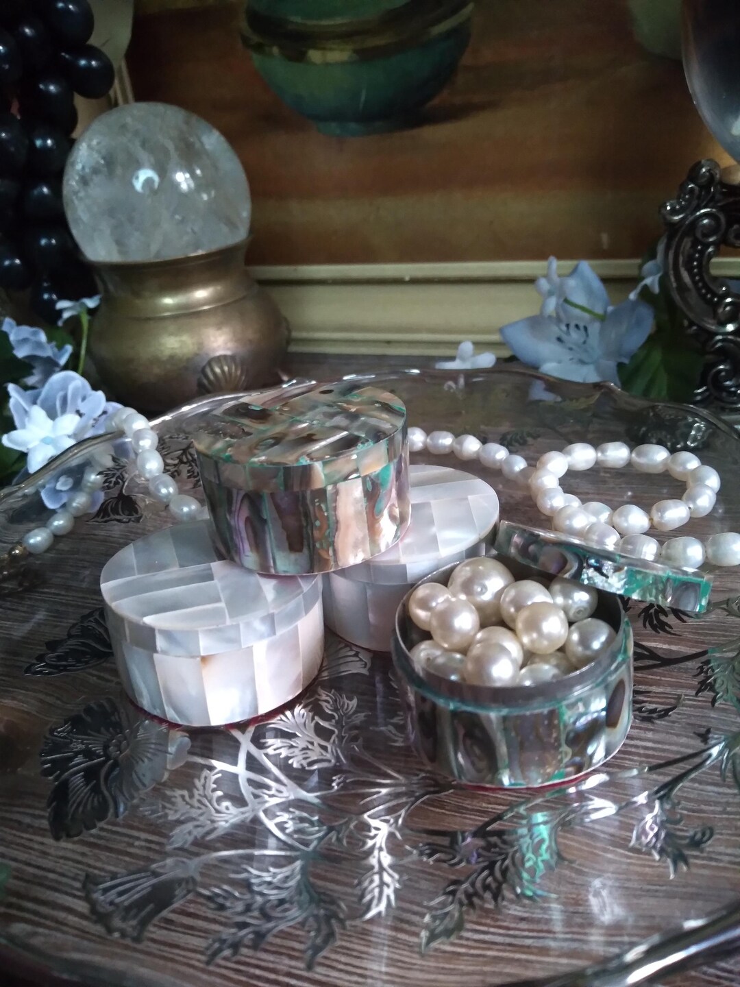 4 Vintage Mini Abalone Shell & Mother of Pearl Round Trinket Boxes ...