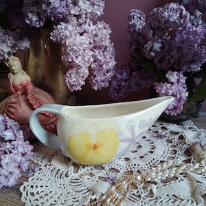 Vintage Ernestine Salerno Gravy Boat in Pastel Pansy Flower motif / Condiment Serving Dish /  Watercolor Floral Mid Century Italian Ceramic