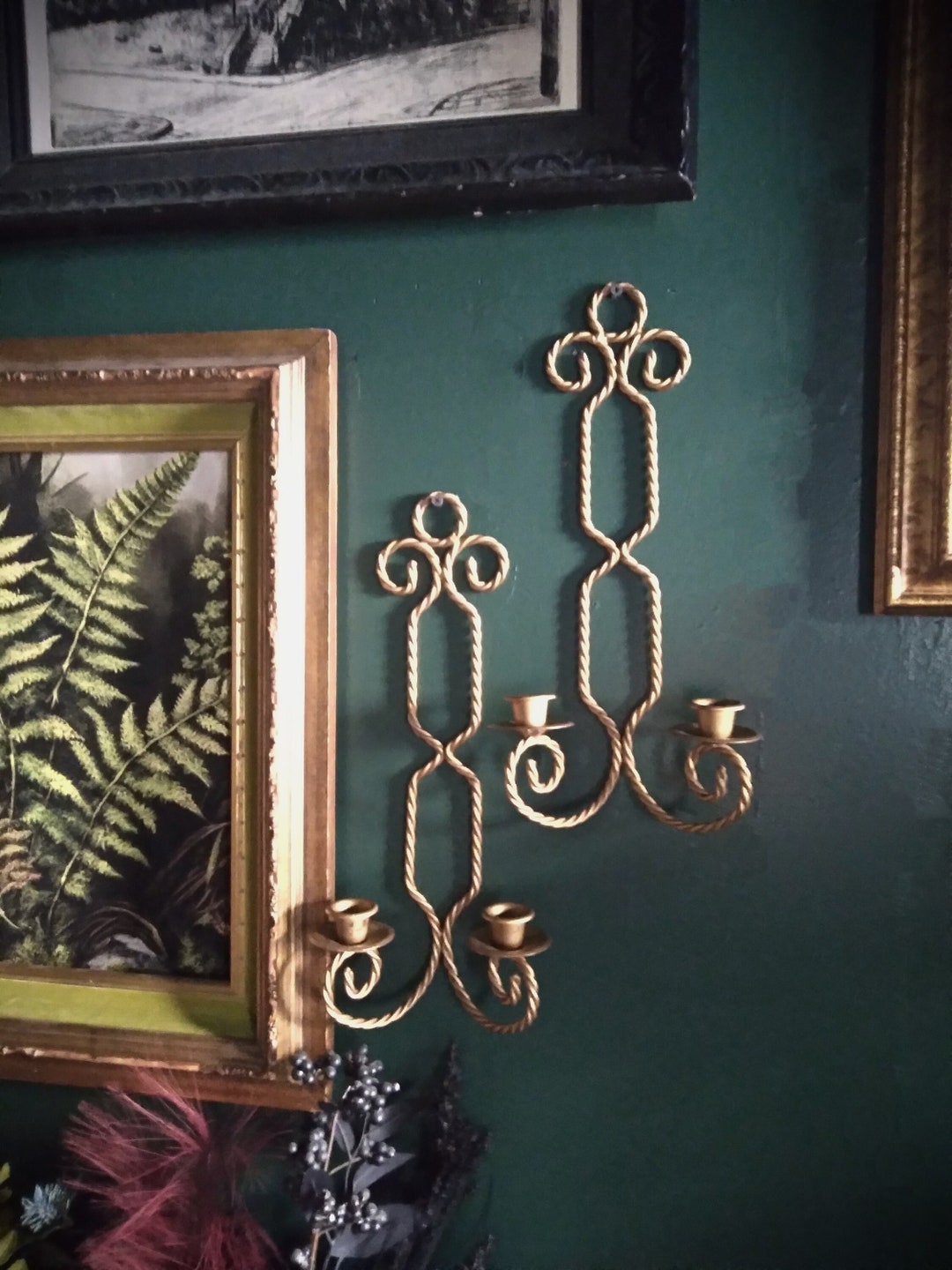 Set of 2 Vintage Baroque Gold Tone Rope Double Arm Candelabra Wall