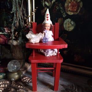 Rustic Vintage Red Wooden Doll High Chair / Mini Vintage Wood Chair / Plant Stand / Doll Chair Curio Display / Boho Witchy Cottage Decor