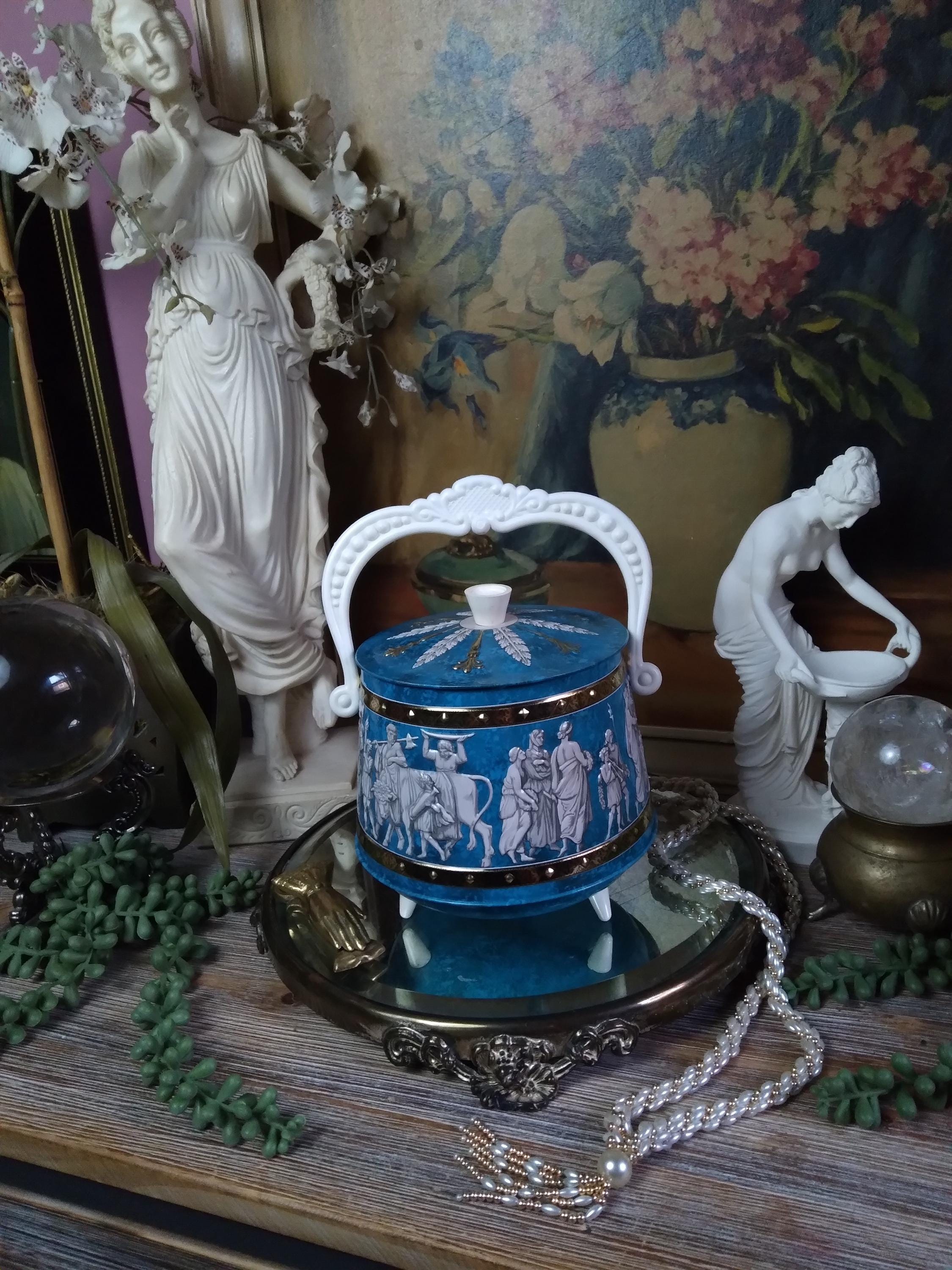 Vintage Barouqe Footed Cauldron / Blue Greek Roman Basket Witch