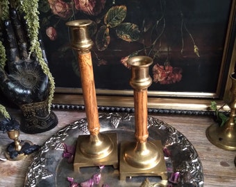 Pair of 2 Vintage Brass & Wood Taper Candle Holder / Mid Century Candle Holder MCM / Witchy Maximalist Decor