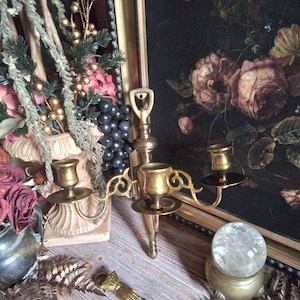 Vintage Baroque Brass Triple 3 Arm Candelabra Wall Sconce / Brass Taper Candle Holder / Gothic Cottage Witchy Decor