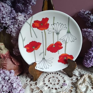 Vintage Ernestine Salerno Lunch Plate, Red Poppy White Daisy Floral Salad Plate Hand Painted Luncheon Plate Mid Century Italian Ceramic Dish