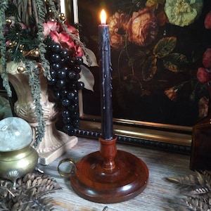 Vintage Wood & Brass Candlestick / Wooden Chamber Stick / Primitive Rustic Brown Taper Candle Holder / Gothic Cottage Witchy Decor
