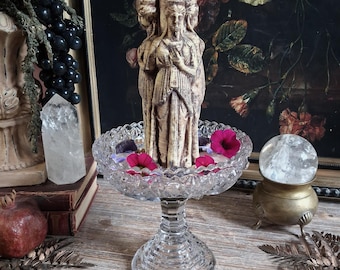 Vintage Celestial Crystal Cut Glass Star Burst Pedestal Ritual Offering Dish / Altar Tray Crystal Holder / Dark Gothic Cottage Witchy Decor