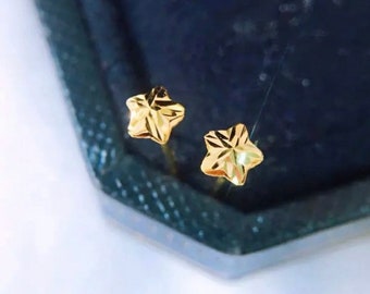 Pair AU750 Gold Stud Earrings/Solid 18K 3D Gold Stars Earrings/Mini Tiny Small Stars Celestial studs/yellow gold backs/3D Stars Earrings