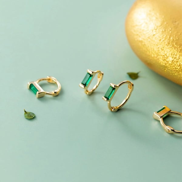 Small Emerald Green Huggie Earrings-Solid Silver Hoop earrings-Gold Silver Earrings-CZ Huggie Earrings-Tiny Miniature- Rectangle Gemstone