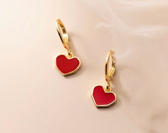 Boucles d’oreilles Red Heart Drop Hoop Hoop / Boucles d’oreilles Gold Huggie / Heart Drop Huggies / Boucles d’oreilles Dangle / Boucles d’oreilles Drop Hoop / Argent Or Rouge