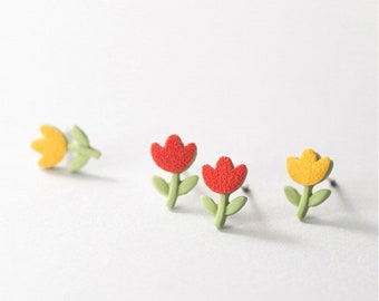 Boucles d’oreilles mignonnes Tulip Flower Stud - Boucles d’oreilles Silver Stud - Cute Red Flower Stud-Rose Yellow Red