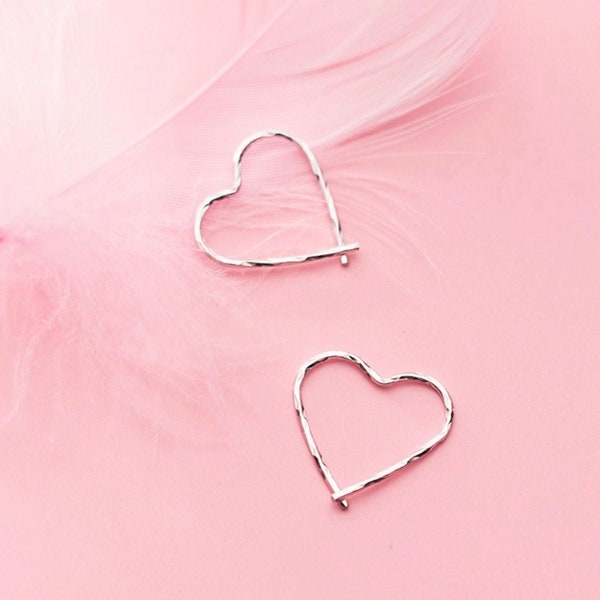 Solid 925 Sterling silver Heart hoop earrings-Slim Thin Round Circle Hoop Hook Studs Earrings-Valentine's Gifts/Love Earrings/Gifts