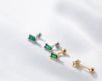 Screw back earrings/Solid Silver/Emerald Rectangle Studs Earrings-Tragus/Cartilage/Helix Hoop Earrings-Solid 925-Silver Gold-Two Balls