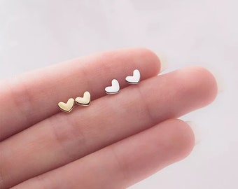 A Pair Tiny Heart Stud-Solid 925 Sterling Silver Stud Earrings-Silver 14K Gold Plated-Small Tiny Silver Stamped Long Post 11mm-Gold Silver