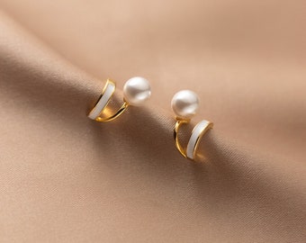 Silver Pearl Studs Earrings-Solid Silver V shape Pearl Stud earrings-Round Studs-Classical Studs Earrings-Pearl Studs Earrings