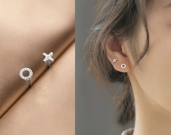 Letter X&O Asymmetry Studs Earrings w/ Tiny CZ Diamonds-X O Shape Solid Silver Studs-Dainty Minimalist XO Mini Studs-Small Tiny Earrings