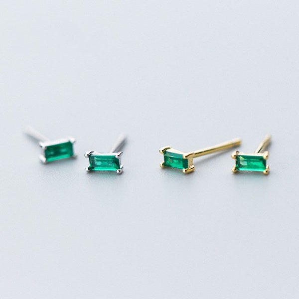 Small Emerald Green Studs Earrings-Solid Silver Stud earrings-Gold Silver Earrings-925 Sterling Silver-Tiny Dainty Miniature- Rectangle