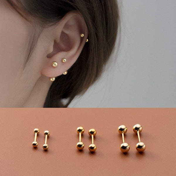 Screw back Solid Silver Balls Studs Earrings-Tragus, Cartilage, Helix Hoop Earrings-Fashion Miniature Style-Solid 925-Silver Gold-Two Balls