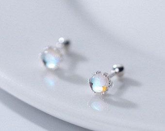 Screw back Studs/Solitaire Moonstone Small Earrings/Solid Silver Balls Back Earrings/Tragus-Cartilage-Earrings-Short Post Crew Backs Studs