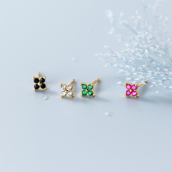 Mini Flowers Stud Earrings/Solid 925 Silver w/ CZ Stud Earrings/4 Petals Flower Studs-Small Dainty Miniature Earrings/Lovely Sweet Gifts