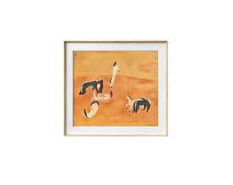 May include: A framed watercolor painting depicting a scene with five horses in a field. The horses are painted in shades of black, white, and brown, and the background is a warm orange color.