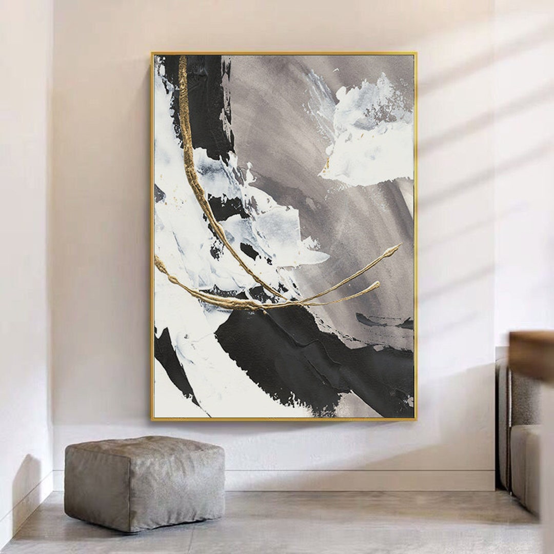 Black and White Gold Abstract Art Oil Paintingl Print Wall Etsy