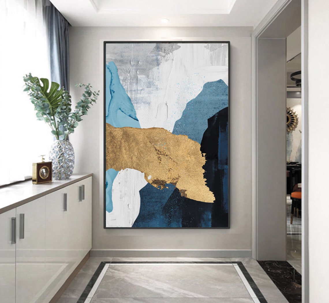 Large Scale Abstract Art Blue Gold Oil Paintingl Print Wall Etsy