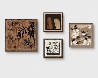 May include: Four framed art prints with a neutral color palette. The prints feature botanical and abstract designs, including a bamboo leaf pattern, silhouettes, floral arrangements, and a bird on a branch. The frames are dark brown.