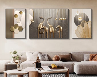 May include: Three gold elephant sculptures with geometric patterns in the background. The sculptures are arranged in a row, with the largest in the center. The background is a textured, metallic gold.