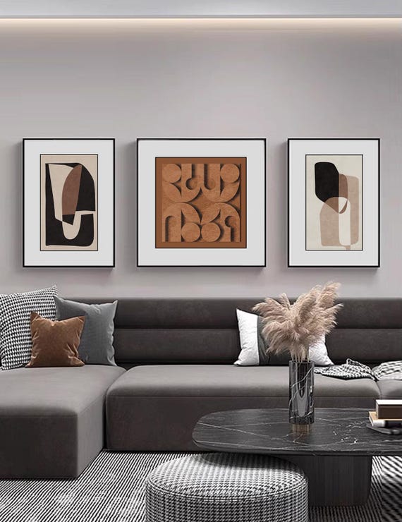 Combinazione di dipinti astratti con motivi geometrici marroni Un